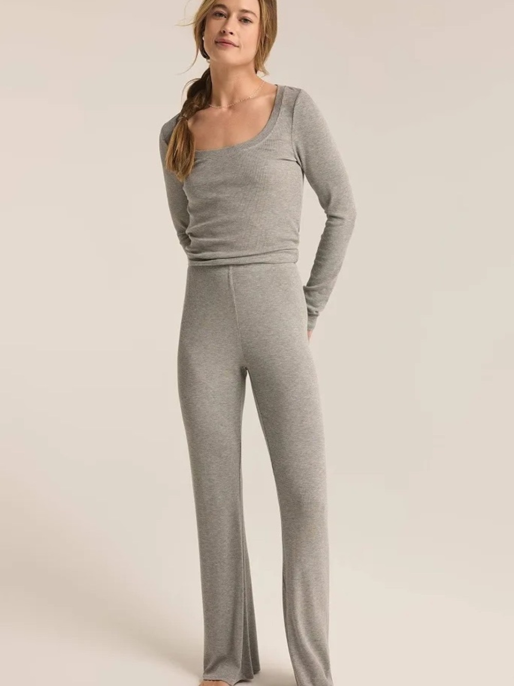 NWT Z Supply Light Gray Ribbed Scoop Neck Top & Wide Leg Pant Set
